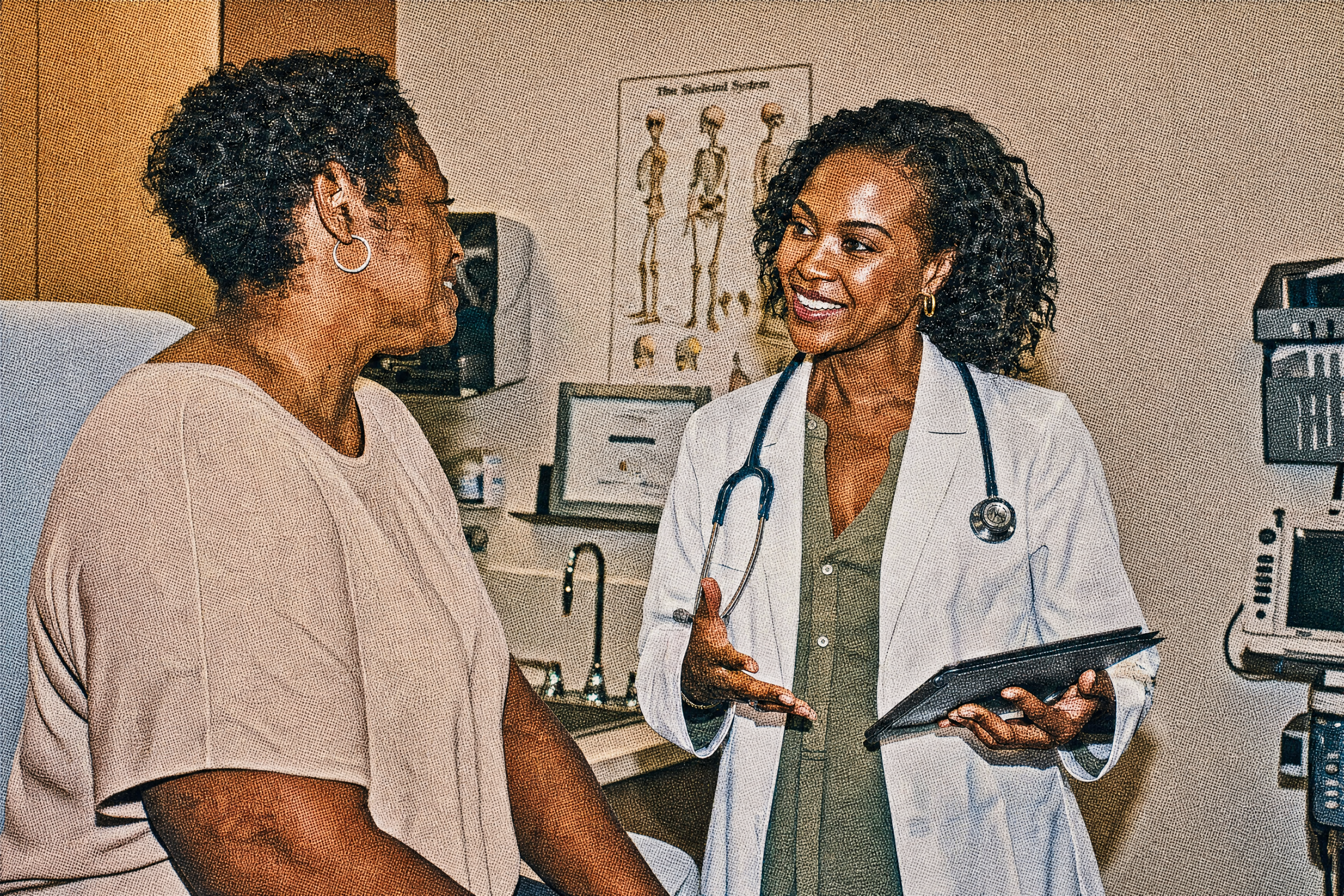Doctor talking with a patient about prevention-first care.