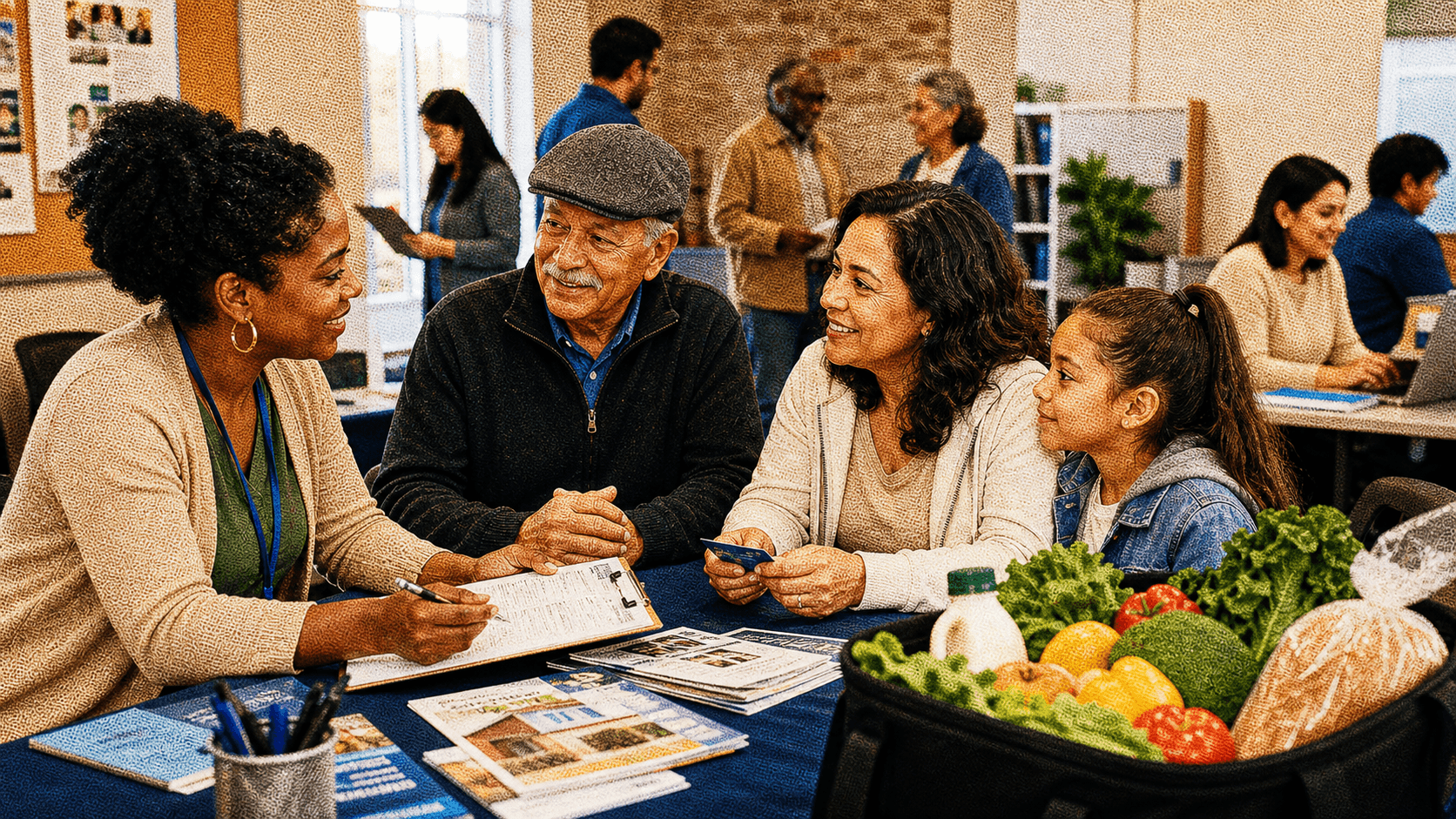 A community resource navigator helping a family find local support services.